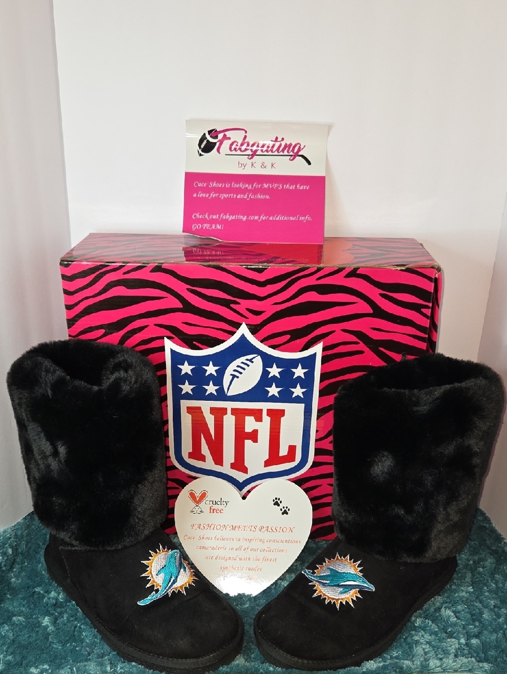 NFL Miami Dolphins Black Faux Fur Logo Boots Size 8 "Like New"